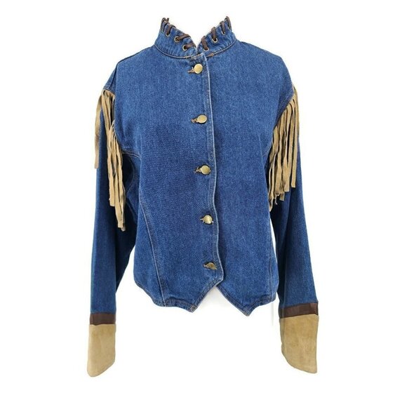 VTG Accents on Outerwear Denim Jacket Womens Large Suede Leather Fringe Western - Picture 1 of 5